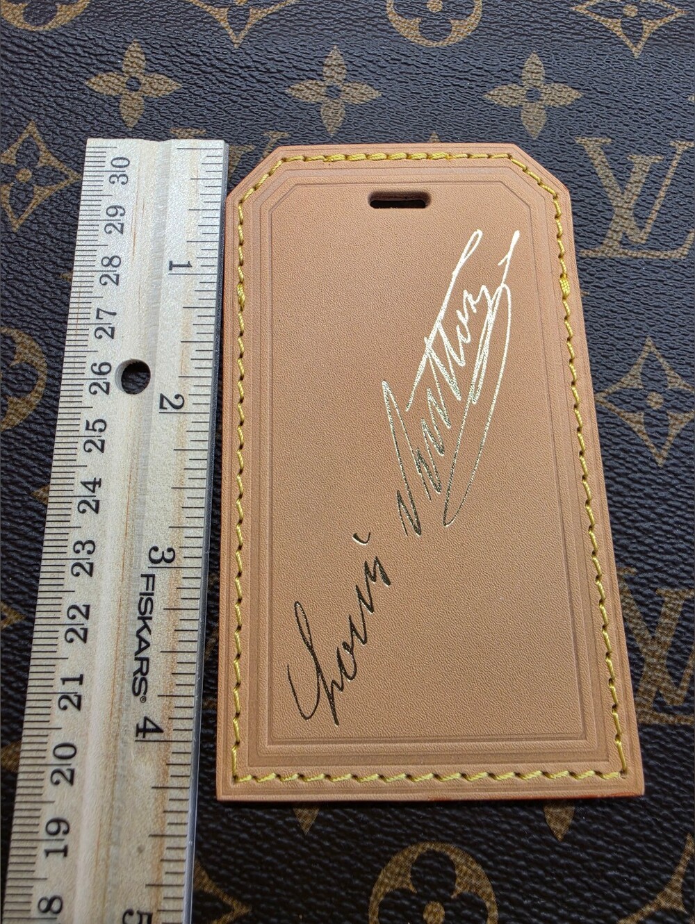 Louis Vuitton Tan Leather Signature Luggage Tag Name Tag with Yellow Stitching - Picture 9 of 10